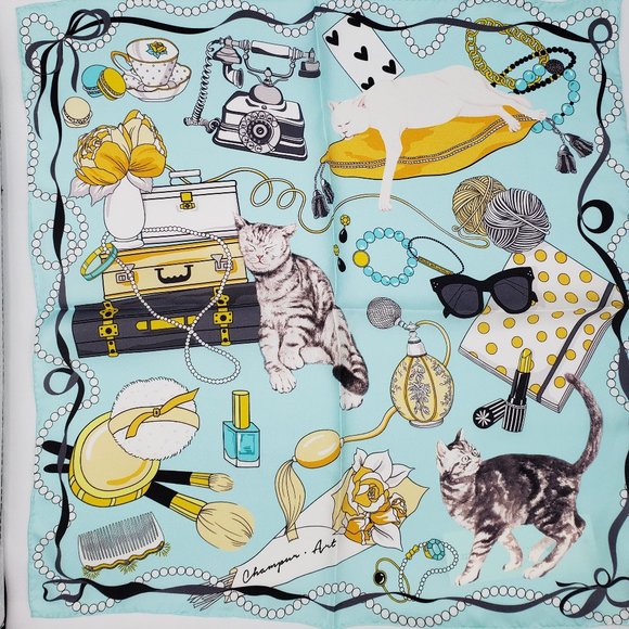 Champur Glamorous Novelty Print Silk Neck Scarf Pastel Blue - Picture 5 of 11